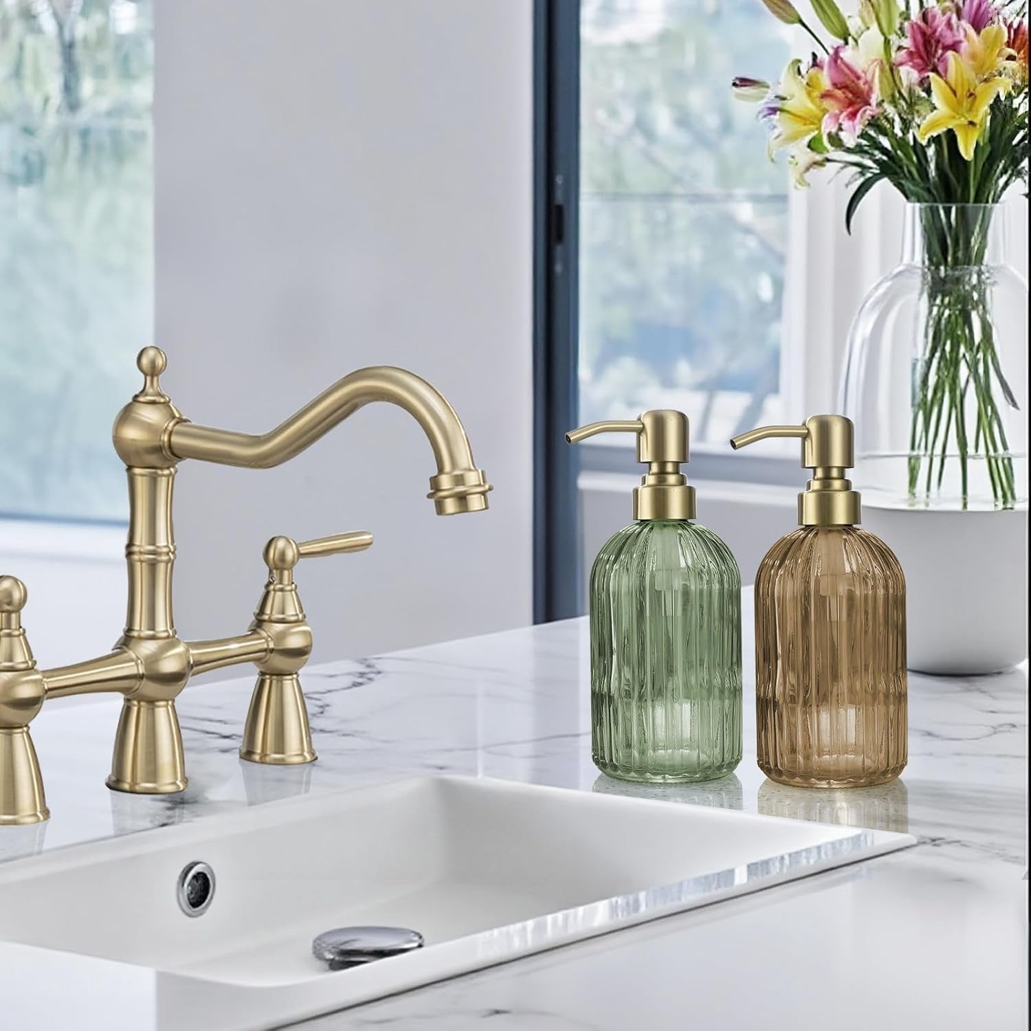 16 OZ  Glass Soap Dispenser,  Stripe Bathroom Hand Soap Dispensers with Stainless Steel Brushed  Pump,Brown Glass Kitchen Hand Soap Dispenser with Brushed  Pump,2 Packs