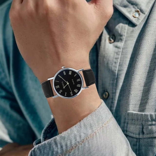 Mens Roman Numeral Watch with Classic Leather Strap and Timepiece Design