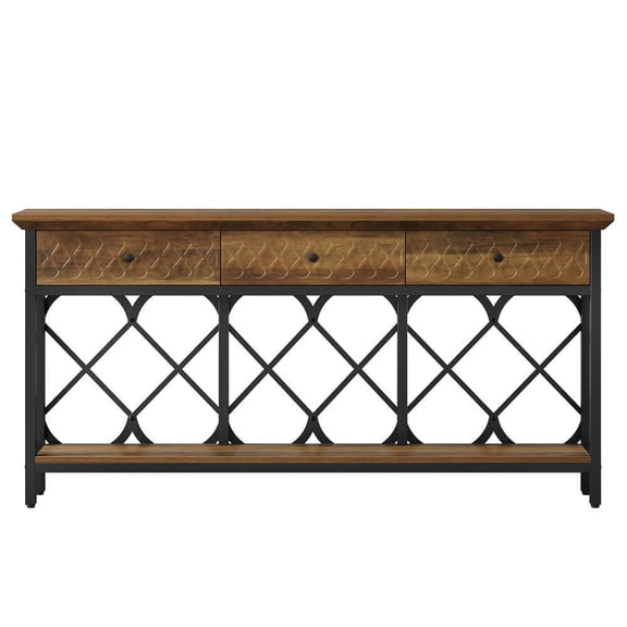 Resenkos 70.87-Inch Extra Long Industrial Console Table with 3 Drawers, 2-Tier Narrow Sofa Table, Brown