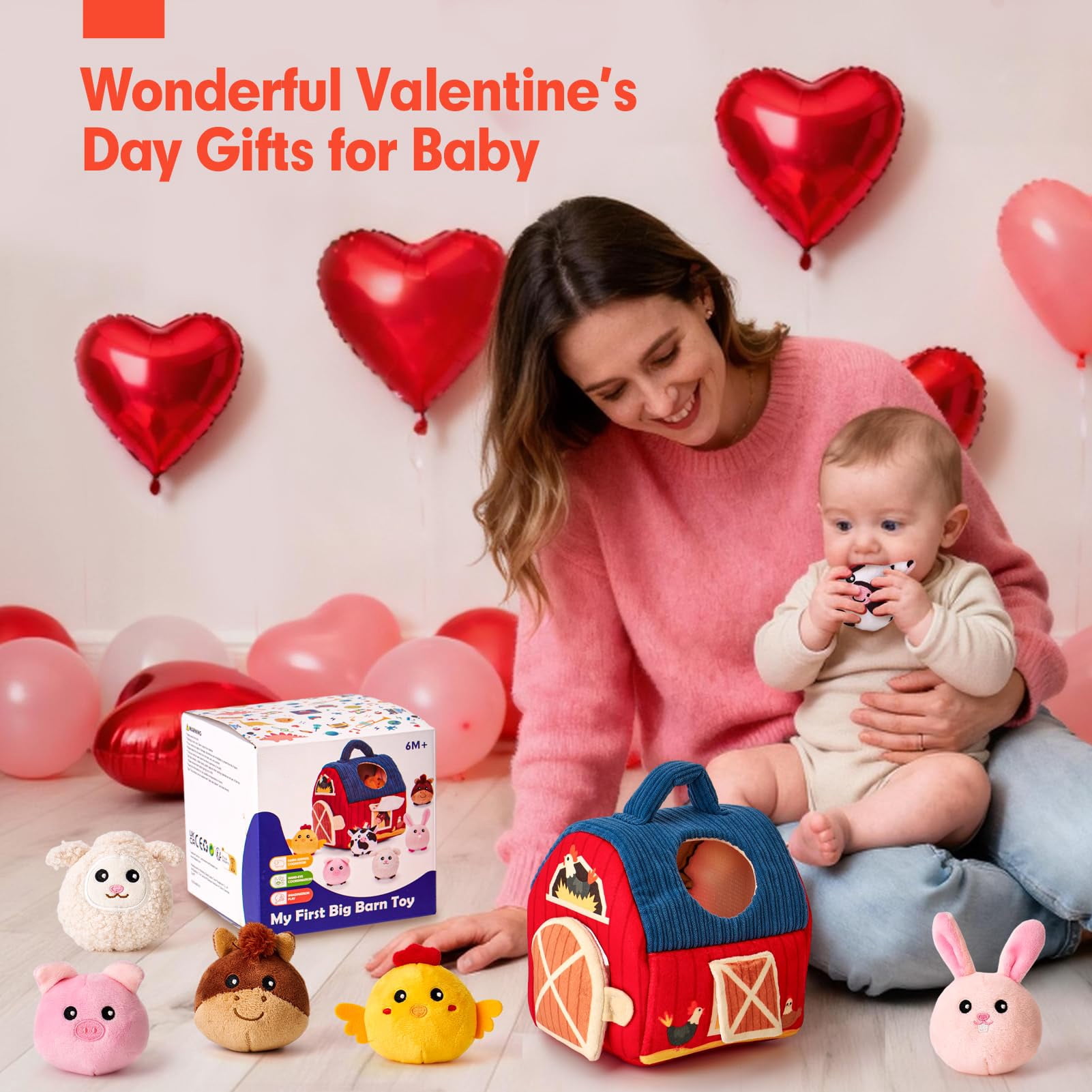 Baby Toys 6-12 Months - Surprise Barn Stuffed Farm Animals, Rattle, Crinkle, Mirror, Montessori Toys for 6 Month Old Sensory Balls 1-3 Plush Baby Valentines Day Gifts Easter Basket Stuffers