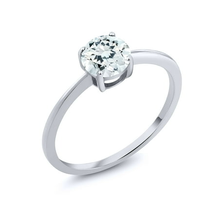 - 10K White Gold 0.75 Ct Round Sky Blue Aquamarine Solitaire Engagement Ring