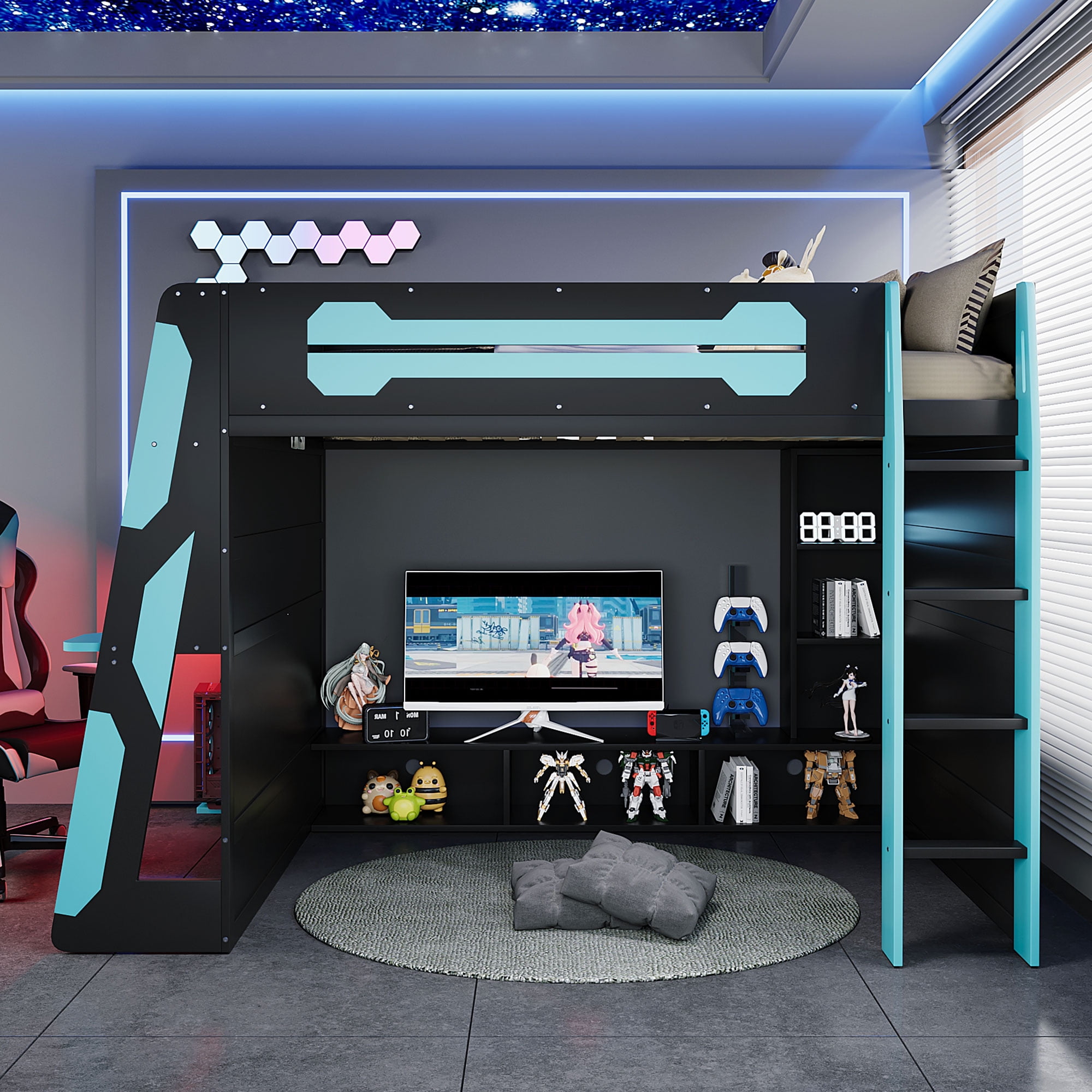 Mintazer Esports Full Size Loft Bed Frame with Gaming Desk & RGB Lights, Gaming Loft Bed with Open Storage Shelves & Charge Station for Teen Boys Bedroom, Blue