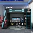 thumbnail image 2 of Wooden Loft Bed With Desk, Multi-purpose Storage Shelf And RGB Light,Blue, 2 of 22