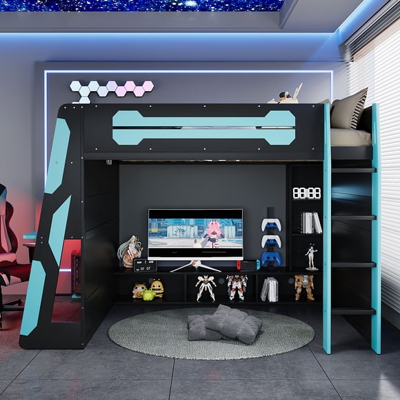 Lit Mezzanine en Bois Pleine Grandeur avec Bureau, Étagères de Rangement Multiples et Lumière RVB, Bleu Nuage