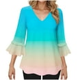 thumbnail image 4 of Womens Tops Ruffle 3/4 Sleeve V-Neck Gradient Color Dressy Casual Chiffon Blouses Tops, 4 of 7