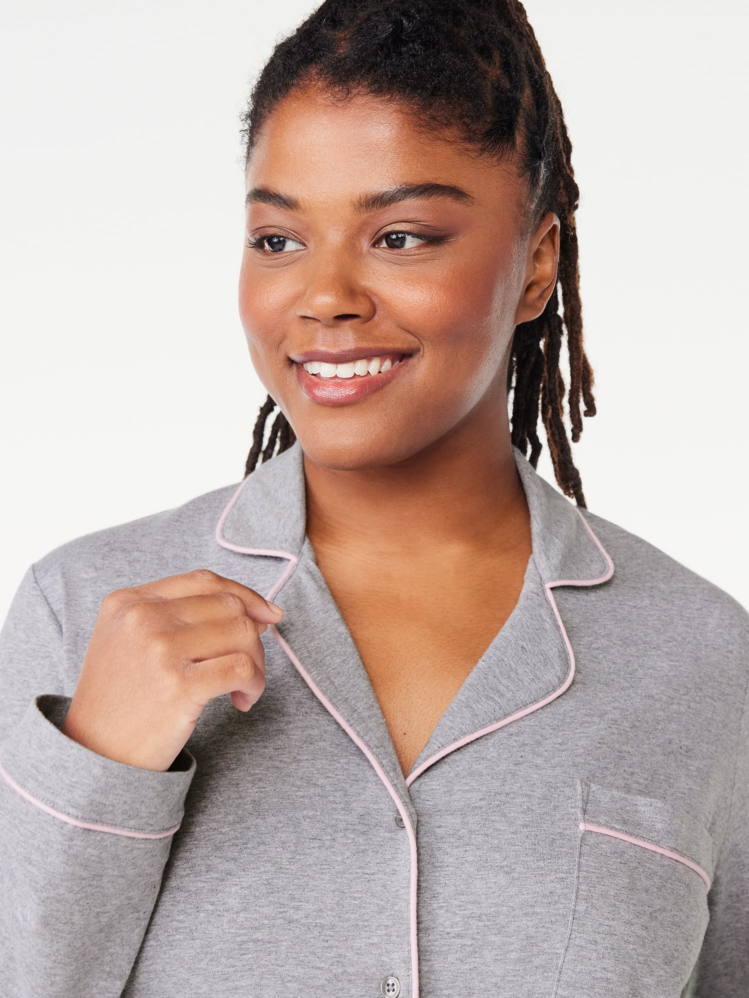 Joyspun Women’s Cotton Blend Long Sleeve Notch Collar Sleepshirt, Sizes S to 4X