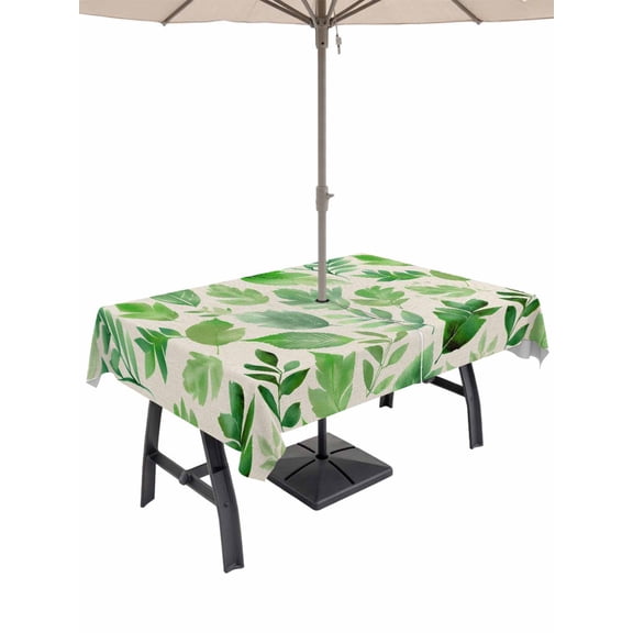 Outdoor Tablecloths with Umbrella Hole & Zipper, Green Leaves 60 x102 Inch Rectangle Tablecloths, Spring Plants Rustic Vintage Botanical Waterproof Table Cloth, Patio/Pool/Picnic Table Covers