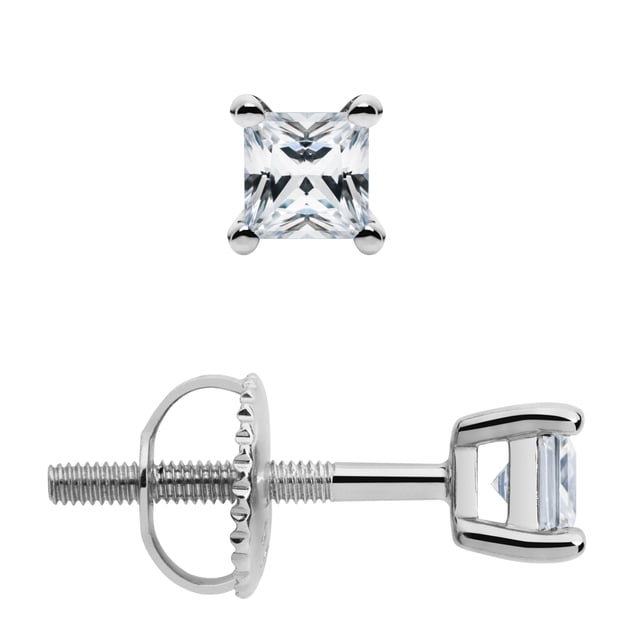 14K Solid White Gold Stud Earrings | Princess Cut Cubic Zirconia | Screw Back Posts | .58 CTW | With Gift Box