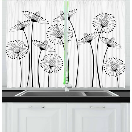 Black And White Panels Black and White Curtains 2 Panels Set, Meadow Flowers with Stylized Abstract Dandelions in Countryside Artwork, Window Drapes for Living Room Bedroom, 55W X 39L Inches, Black White, by Ambesonne ()
