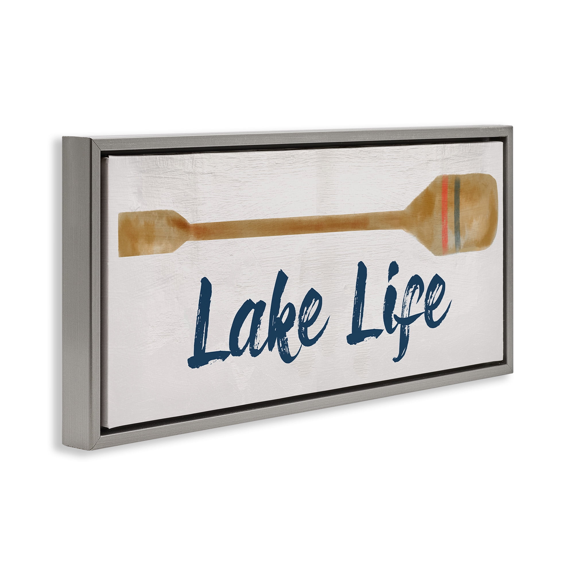 Stupell Industries Lake Life Boat Oar Inspirational Painting Gray Floater Framed Canvas Art Print Wall Art, 25 x 11