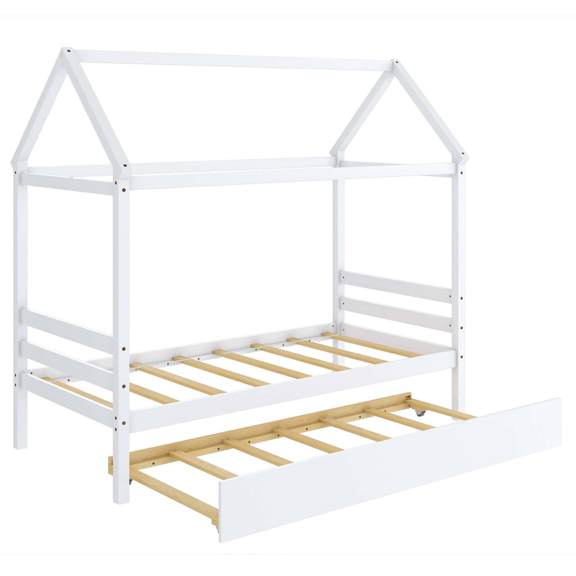 Gymax Twin House Bed Frame w/ Trundle Roof Wooden Platform Mattress Foundation White