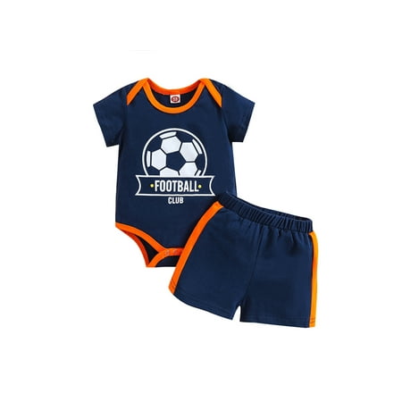 

Suanret Infant Baby Boys Casual Suit Newborn Short Sleeve Football Printed Romper Tops+Patchwork Short Pants Dark Blue 18-24 Months