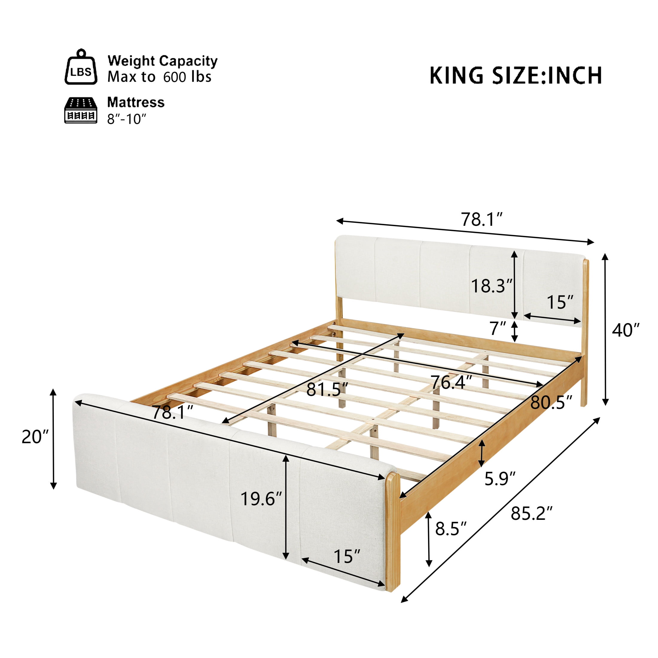 Christopher Knight Home King Upholstered Bed Frame, Platform Bed with Wood Trim, White + Natural
