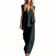 thumbnail image 2 of Womens Cotton Linen 2 Piece Outfits Summer Casual V Neck Sleeveless Tops Wide Leg Long Pants Casual Set with Pockets, 2 of 7
