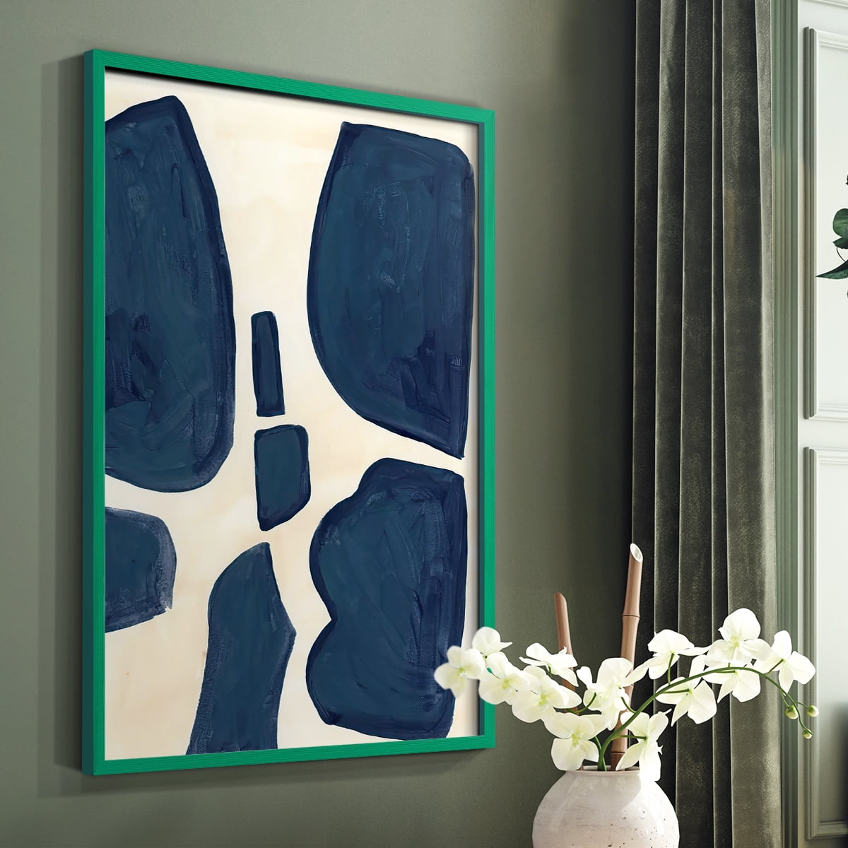 Blue Pieces II Framed Print in Green Solid Wood Framed Print No Nail Hanging