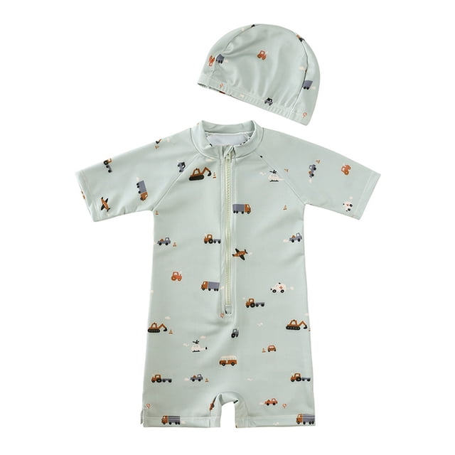Kids Boys Summer Swim Trunks 2 Piece Quick Dry Dinosaurs Ptints Swim Trunks Short Sleeve Swimwear Hat Set Spring Bathing Suits For Kid 3-4T