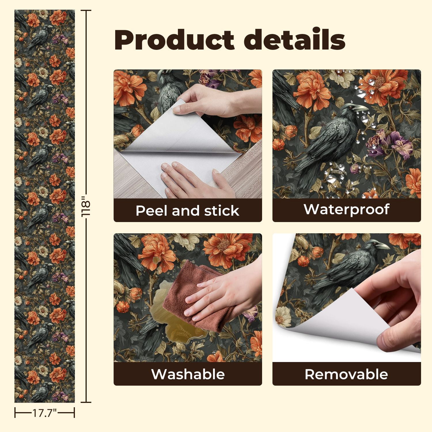 Peel and Stick Wallpaper Raven Birds Among Floral Blossom Vintage Botanical Style Wall Mural 17.7in x 9.8ft Self Adhesive Removable Wall Paper Renter Friendly Wallpaper for Nursery Bedroom Cabinets