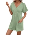 thumbnail image 1 of Cinvoph Rompers for Women V Neck Casual Short Sleeve Wide Leg Rompers Button Pleated Jumpsuit Shorts with Pockets, 1 of 5