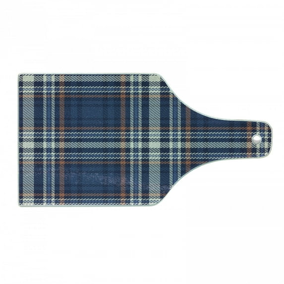 Checkered Cutting Board, Abstract Striped Design Scottish Culture Inspired Celtic Fashion, Decorative Tempered Glass Cutting and Serving Board, Wine Bottle Shape, Night Blue Cinnamon, by Ambesonne