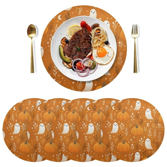 Round Placemats Plate Mats 15 Inch Non-Slip Heat Resistant Washable PVC Set Table Decoration for Kitchen Dining Fun Orange Halloween Pattern