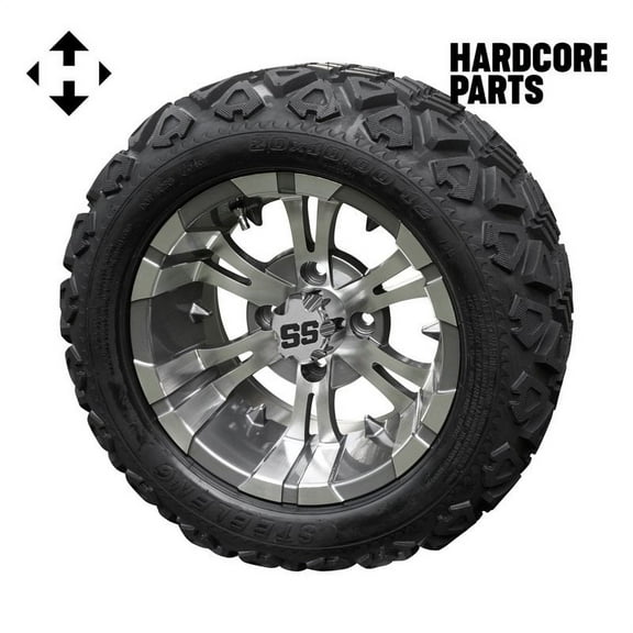 Hardcore Parts 12" Machined/Gunmetal 'VAMPIRE' Golf Cart Wheels and 20″x10″-12″ DOT rated All-Terrain tires - Set of 4, includes Chrome 'SS' center caps and 1/2x20 Chrome lug nuts