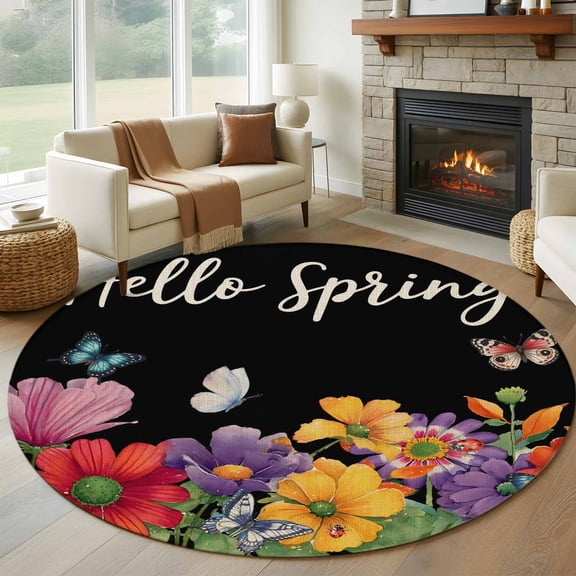 Round Rug 7Ft Washable Non-Slip, Spring Flowers Circle Area Rugs for Living Room Bedroom, Watercolor Country Colorful Floral Black Indoor Floor Mats Carpet Runner for Home Decor Aesthetic