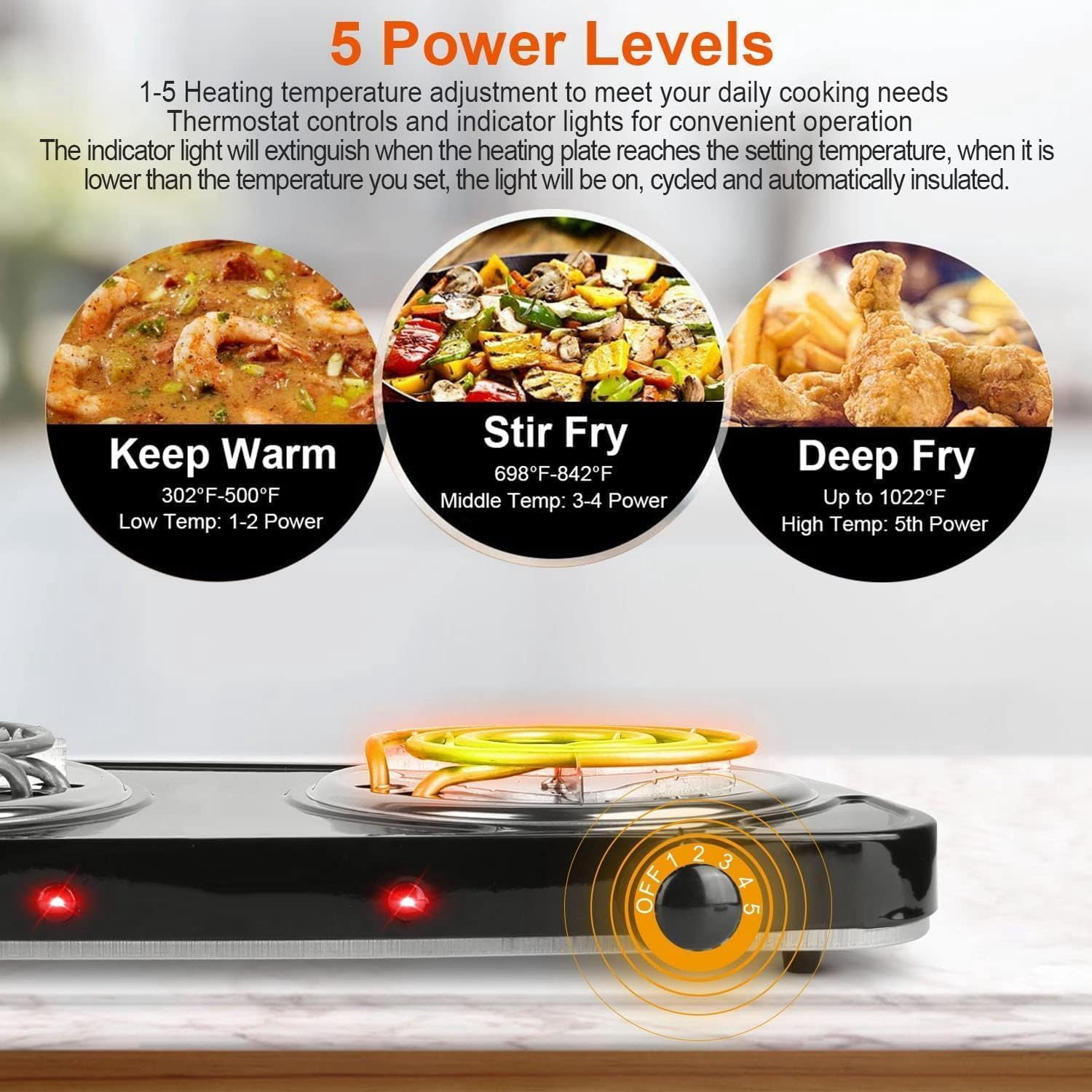 LASIEYO 2000W Electric Double Burner Electric Hot Plate Heating Stove with 5 Adjustable