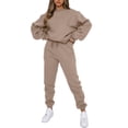 thumbnail image 1 of Traje de sudadera para mujer Color puro Manga larga Cuello redondo Cierre con cordón Cintura elástica Pantalones Conjunto con bolsillos Caqui L, 1 of 6