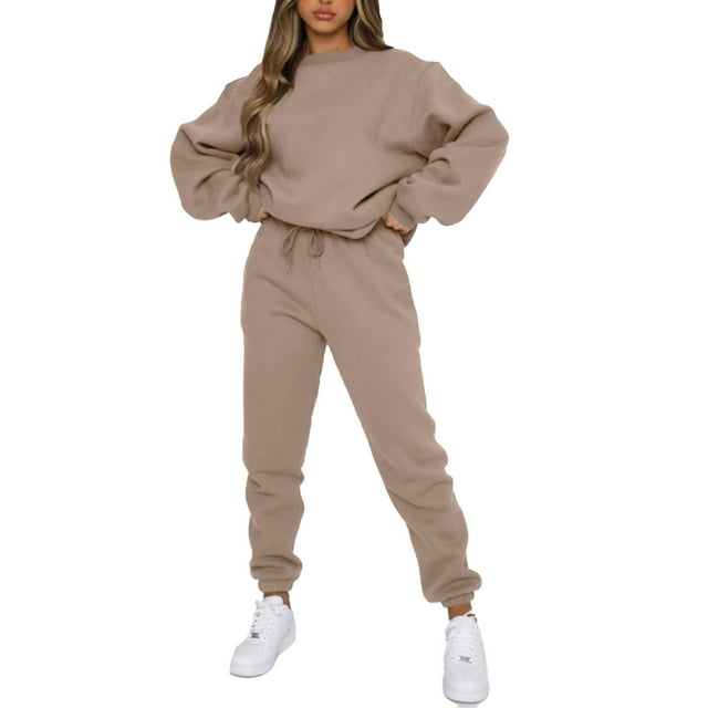 Traje de sudadera para mujer Color puro Manga larga Cuello redondo Cierre con cordón Cintura elástica Pantalones Conjunto con bolsillos Caqui L