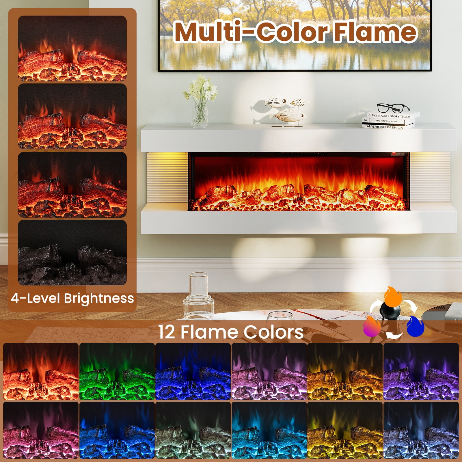 Giantex Wall-Mounted Electric Fireplace Mantel, 18" Fireplace & 32" Floating Mantel w/Overheat Protection & 8H Timer