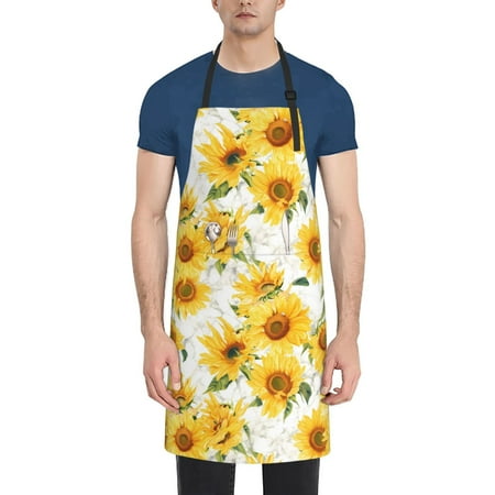 

Xecao Artistic Marble Pattern Sunflower Print Kitchen Cooking Aprons Waterproof Adjustable Bib Aprons with 2 Pockets for Women Men Chef