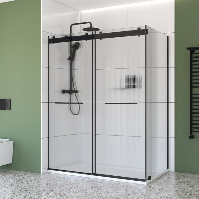 48" x 36" Black Corner Sliding Shower Kit – Frameless Double Bypass Doors with 6 mm Fluted Tempered Glass, Left‑Hand Installation & SMC Base