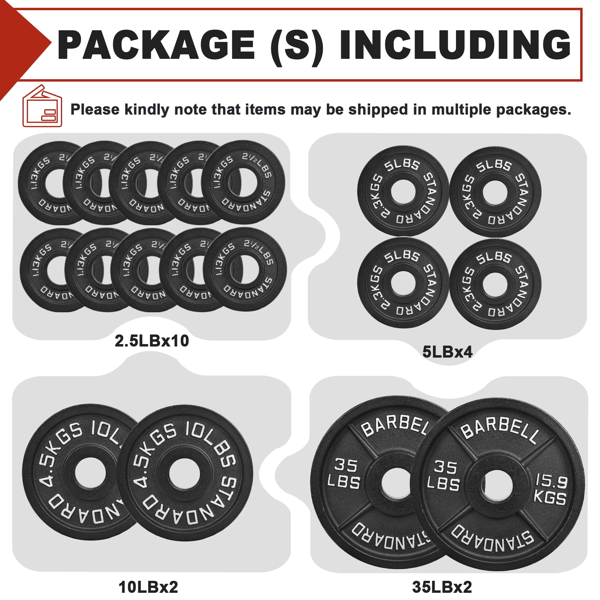FlexWave 2-Inch Olympic Cast Iron Weight Plates Set – 135LB Total (2x2.5lb, 2x5lb, 2x10lb, 4x25lb) – Perfect for Standard Olympic Barbells