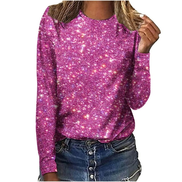 Amzcrzy Hauts pour Femmes Mode Col Rond Hauts à Sequins pour Femmes Manches Longues Polyvalentes Décontractées Printemps Été Hauts Confortables Élégants pour Sortir
