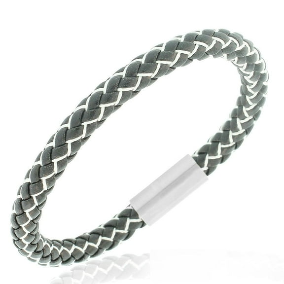 EDFORCE Stainless Steel Black White Faux Leather Silver-Tone Mens Bracelet, 8"