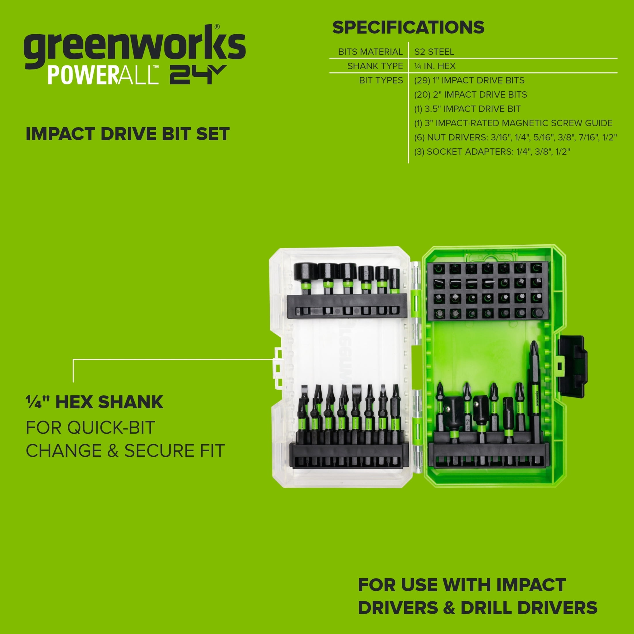 Greenworks 60PC Impact Drive Bit Set, PA51218A1 - Walmart.com