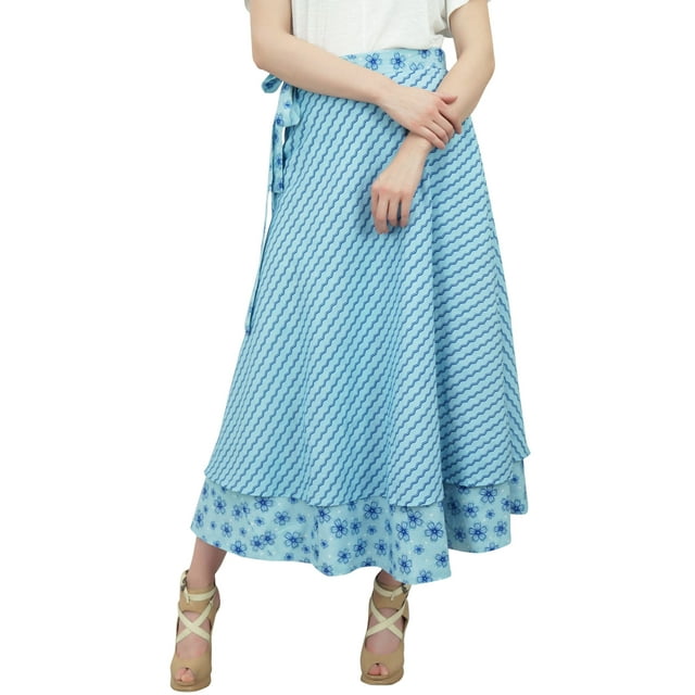 Phagun Light Blue Reversible Wrap Skirt Floral Printed Cotton Long Hippy Skirt