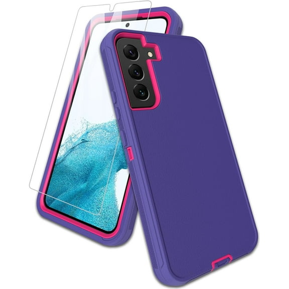 for Samsung Galaxy S22 Case, with Screen Protector, Port Protection, Full-Body Non-Slip Silicone Rubber Covered, 3-Layer Drop-Proof Cover Phone Case for S22 5G, Red/Purple