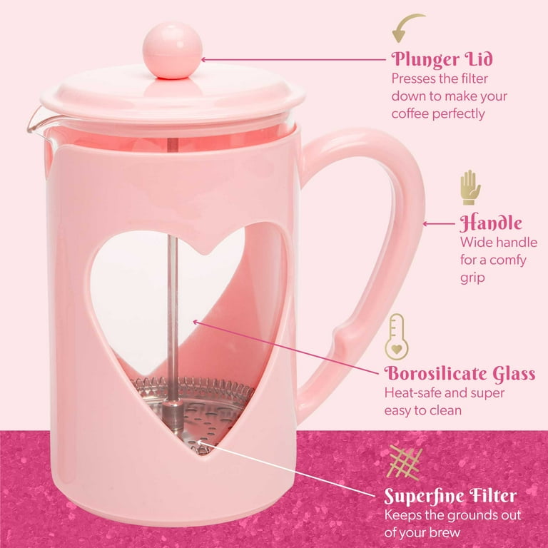 Paris Hilton Hearts 16oz Ceramic Coffee Mug and Electric Milk Frother Set - Battery Powered, 2-Pieces, Pink