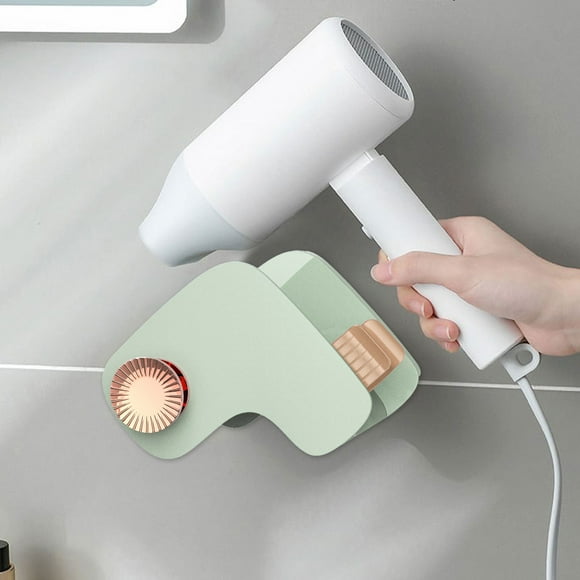 Soporte para secador de pelo montado en la pared - Estante autoadhesivo para secador de pelo para baño, blanco/verde menta, instalación 15x10x11cm, sin taladro
