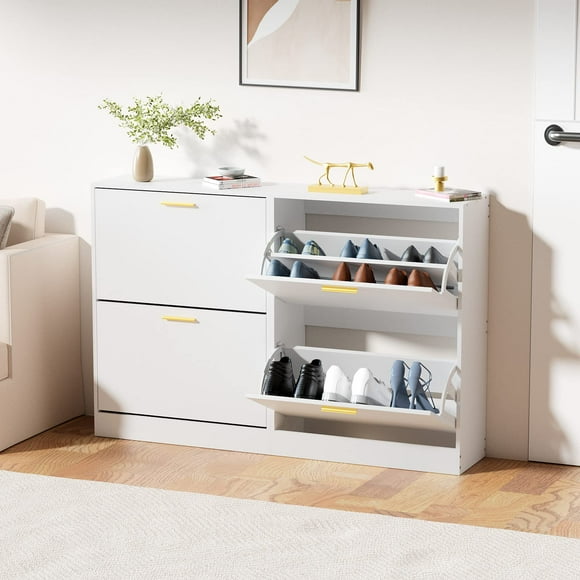 JOZZBY Shoe Cabinet for Entryway Narrow White Shoe Storage Cabinet with 2 Flip Drawers Wooden Hidden Shoe Rack Organizer with 2 Tier Freestanding for Hallway Living Room Set of 2