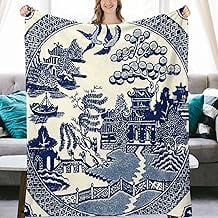 Ancient China Blue Willow Chinoiserie Flannel Fleece Throw Blankets Lightweight Fluffy Winter Fall Blanket Cozy Soft Fuzzy Plush Home Decor for Couch Bed Sofa Bedroom Living Room Travel 50X60 inch