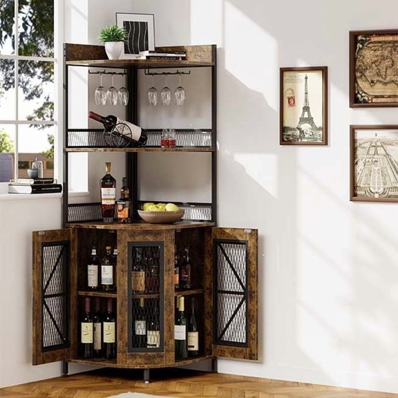 Homhougo 64" Tall Corner Bar Cabinet with LED Strip, 5-Tiers Industrial Bar Cabinet with Power Outlet and Glass Holder, Wine Cabinet for Home Bar, Display Cabinet for Small Space