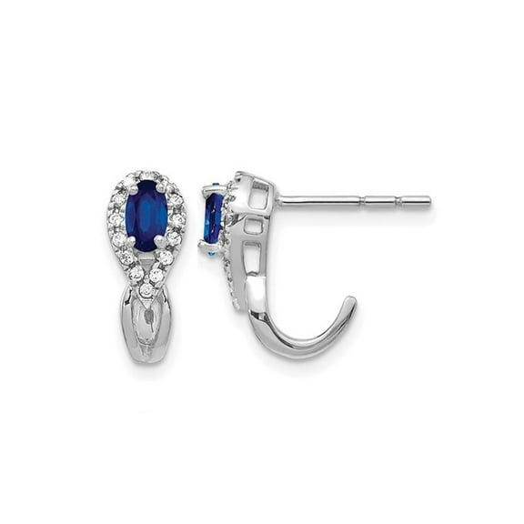 1/2 Carat (Ctw) Natural Blue Sapphire J-Hoop Earrings in 10K White Gold with Diamonds for Women