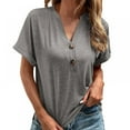 thumbnail image 2 of Xmarks Women's Summer Button Short Sleeve T-Shirt Summer V-Neck Solid Color Casual top Gray 2XL, 2 of 4