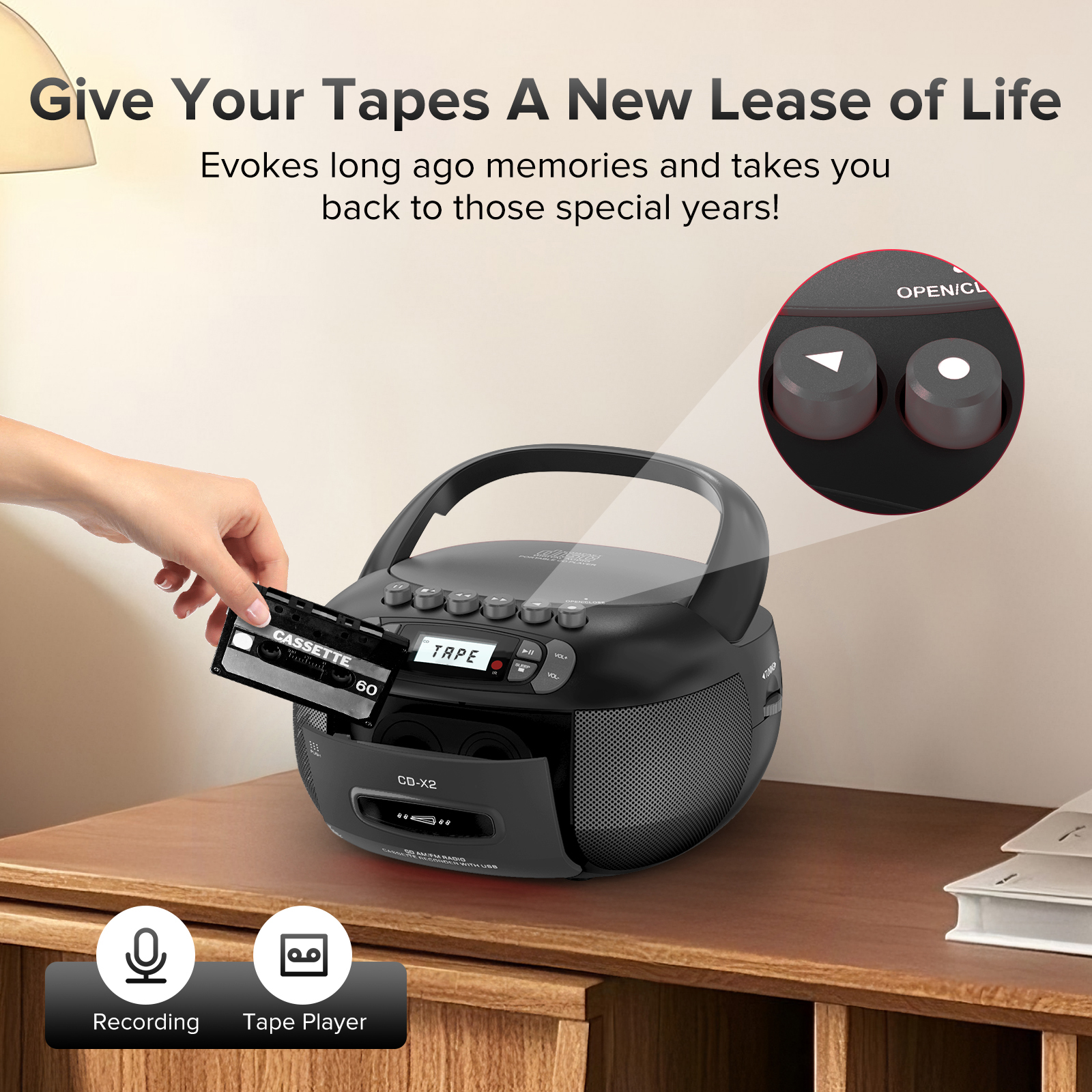 KUEPHOM CD Cassette Boombox with Bluetooth and AM/FM Radio photo 2