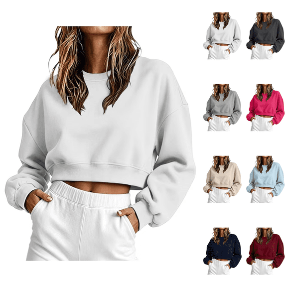 Qgtaibl Womens Crewneck Cropped Sweatshirt Drop Shoulder Puff Long Sleeve Solid Color Pullovers Soft Lightweight Athletic Tops 2026 Fall Fleece Warm Shirts White S