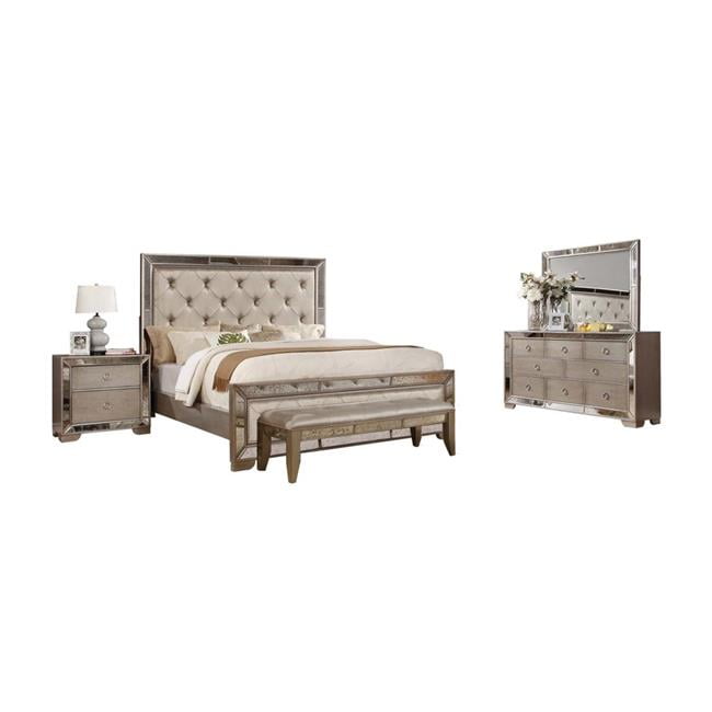 Best Master Furniture B1980 6PC Eastern King Set Ava Mirrored Silver Bronzed King Size Bedroom