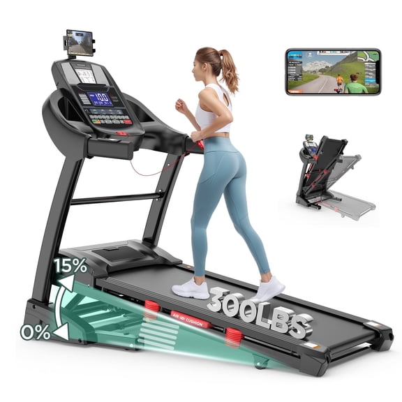 300lbs Capacity Treadmill, Folding Treadmill with 15%Incline, Electric Treadmill with APP Control, 0.6-10MPH, 64+3+3+1Programs, Shock Absorption