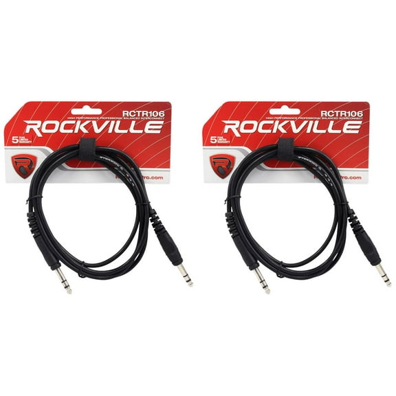 2 Rockville RCTR106B Black 6' 1/4'' TRS to 1/4'' TRS Cable 100% Copper